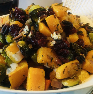 roasted butternut squash and brussels sprouts plated